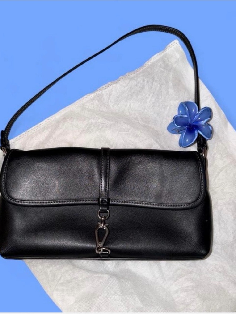 Coach Black Shoulder Bag with Blue Floral Charm
